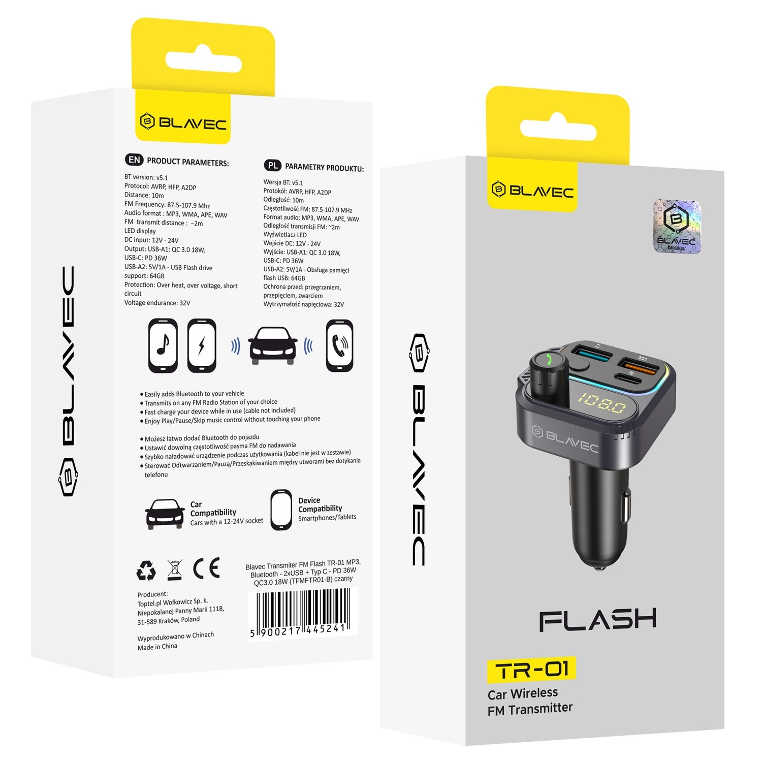 Blavec Transmiter FM Flash TR-01 MP3 Bluetooth 2xUSB + USB-C PD 36W QC3.0 18W czarny - obrazek 3