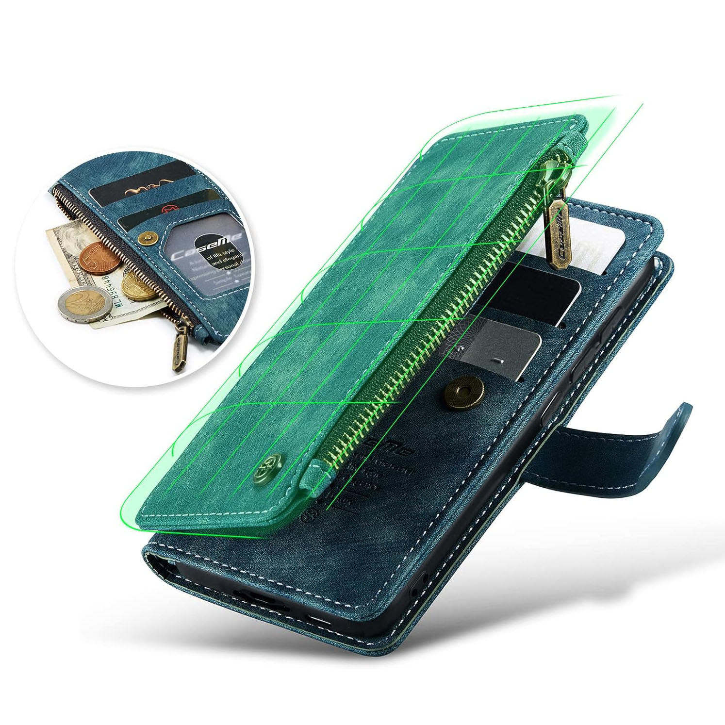 Etui-portfel UEEBAI do Samsung Galaxy S24 Plus Ręcznie robione etui z PU skóry z kieszeniami na karty Niebiesko-zielony - obrazek 3